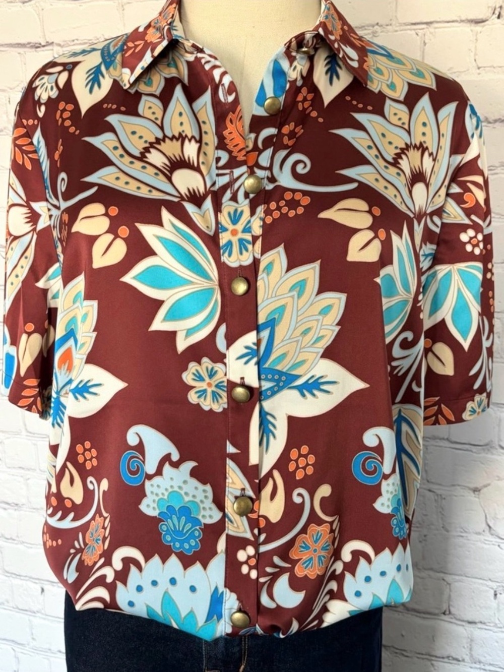 RACHEL ROY Short Sleeve Floral Oversized Button Down Satin Blouse--NWT--M